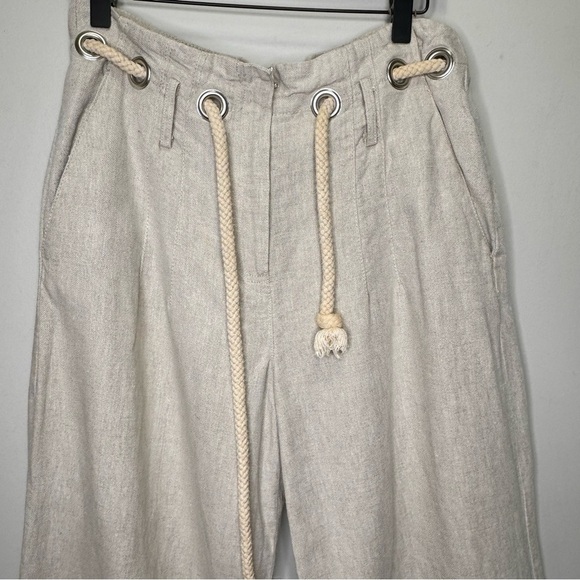 Sandro Sportswear Tan 100% Linen Wide Leg Pants Rope Belt Size 10 Nautical - Picture 3 of 16